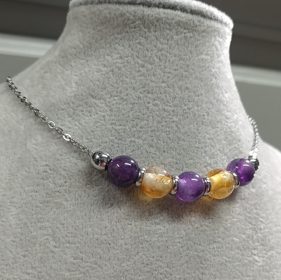 Citrine Amethyst Bead Necklace Natural Gemstone Crystal Stainless-Steel Chain - Picture 6 of 11